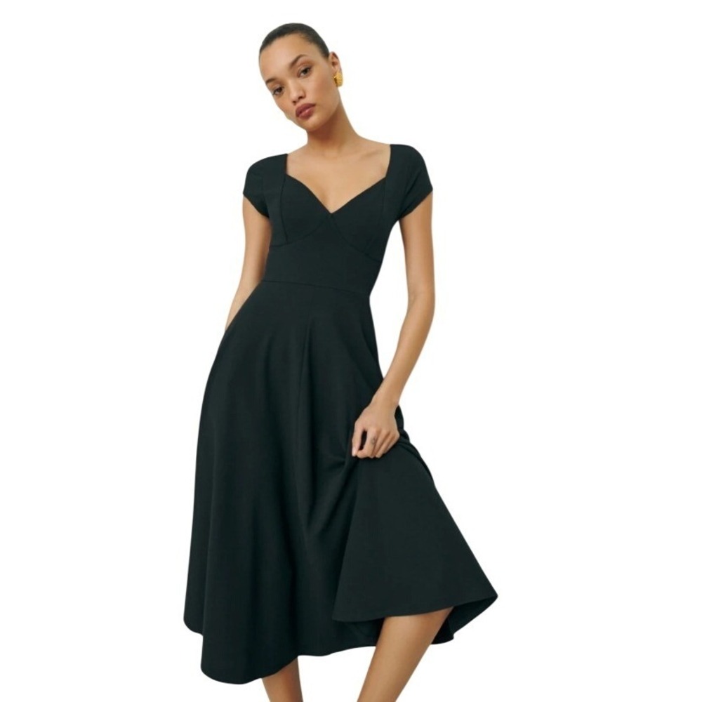 Reformation Anthropologie Brynn V-Neck Black Sweetheart Cap Sleeve Midi Dress Lg